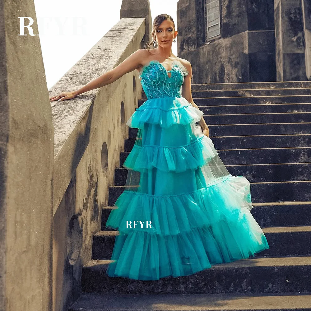 

RFYR Puffy Prom Dress Lace Evening Dress Applique A Line Party فساتين مناسبة رسمية Tiered Evening Dresses for Women Customized