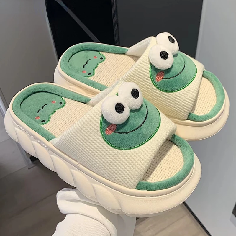 Women Cartoon Frog Slippers Winter Warm Indoor Home Slides Linen Thick Sole Couple Slipper Bedroom Anti Slip Shoes Men Sandals