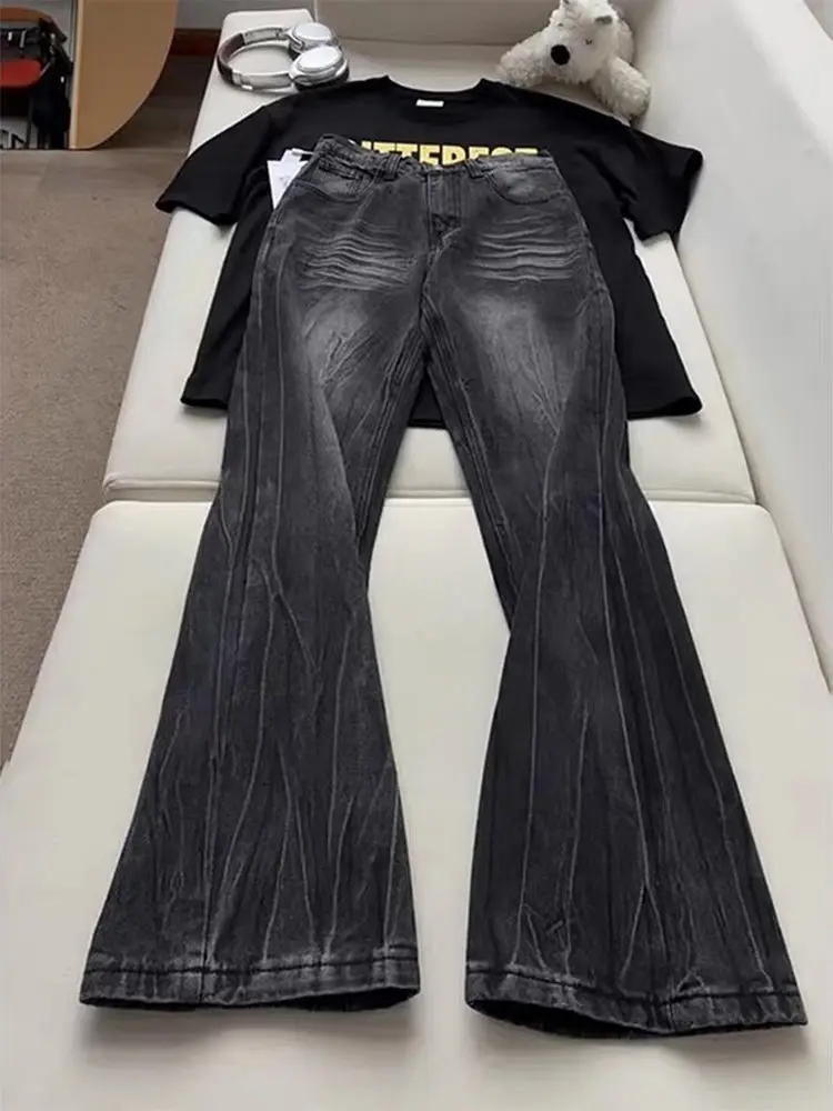 

Slim Fit Straight Leg Denim Jeans Men's Autumn New Sle American Trendy Brand Waed Lightning Pattern Bootcut Pants