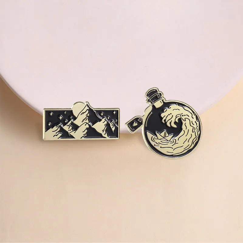 Sea Wave Paper Ship Bottle Enamel Pins Starry Night Mountain Adventure Theme Brooches Lapel Badge Jewelry Gifts for Friends