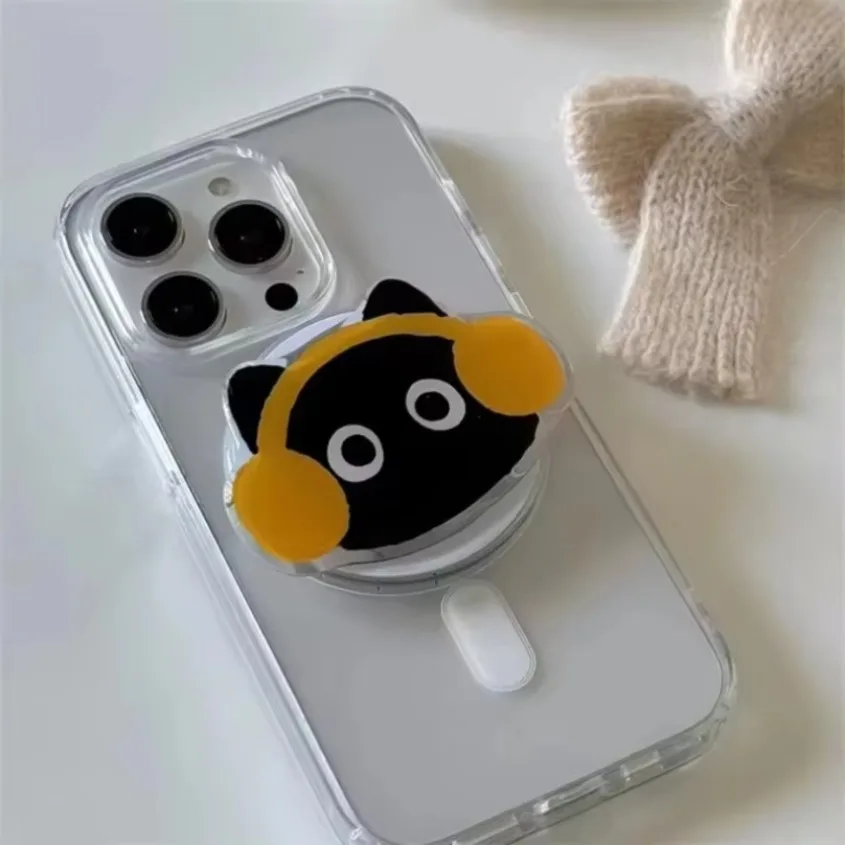 Cute Black Cat Magnetic Phone Grip Magsafe Compatible Telescoping Desk Stand Kawaii Cartoon Phone Holder for iPhone Samsung