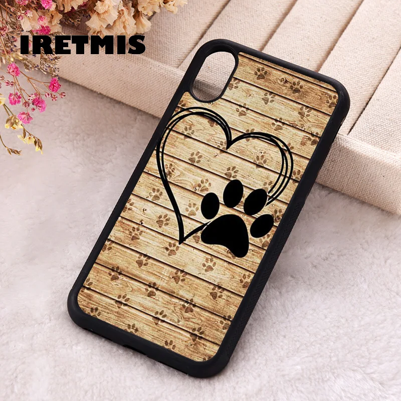 Iretmis 5 5S SE Phone Cover Case for iPhone 6 6S 7 8 Plus X Xs XR 11 12 13 MINI 14 Pro Max Heart Love Dog Paw Wooden Pattern