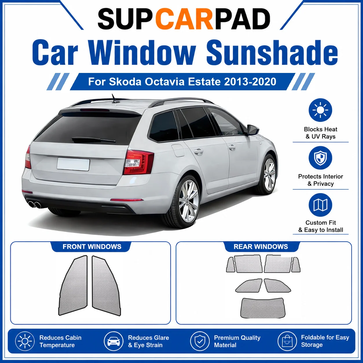 For Skoda - Skoda Octavia Estate 2013-2020 Full Set Car Window Sunshades UV Block Privacy Heat Insulated Foldable Car Curtain