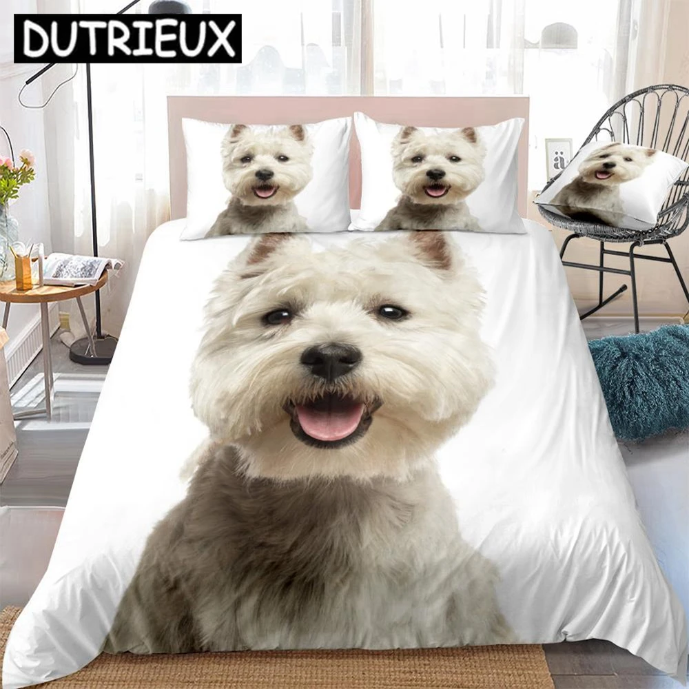 

3D Dog Duvet Cover Set West Highland White Terrier Bed Set White Bedding Kids Boys Girls Cute Pet Quilt Cover 3pcs Dropship