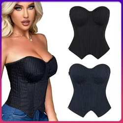 Women Sexy Strapless Corset Fashion Push Up Bra Black Striped Overbust Bodices Lady Corselet Lace-Up Zip Bustier Clubwear