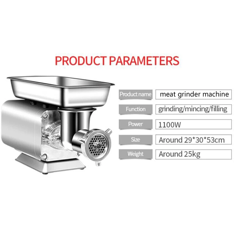 Commercial Electric Meat Grinder 1100W Heavy Duty Stainless Steel Mincer for Beef Pork Chicken Soft Bones Peanut view 2
