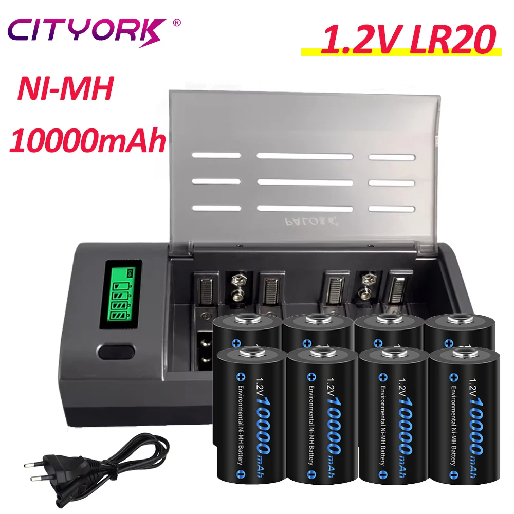 CITYORK 1,2 V LR20 wiederaufladbare Batterie, 10000 mAh, Größe D, R20, NiMH, wiederaufladbare D-Batterien mit intelligentem LCD-Ladegerät für 1,2 V Ni-MH AA AAA C D 9V Batterien, hohe Kapazität