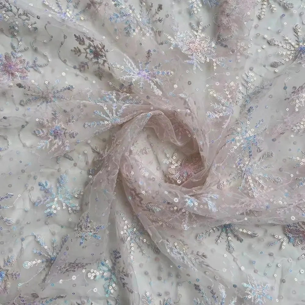 Neuer 1 Yard Tüllstoff mit Pailletten, bestickter Netzstoff, Schneeflocken-Kleidungsmaterial zum Nähen von Röcken und Kleidern