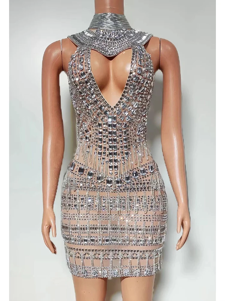 جودة عالية حجر الراين شرابة مثير شنقا الرقبة فستان مجوف 2025 موضة جديدة مخصصة الملابس النسائية #4