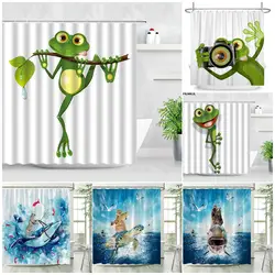 Funny Frog Cartoon Shower Curtain Set Cat Riding Whale Sea Turtle Shark Animals Children Bathroom Decor Cloth Kids Bath Curtains