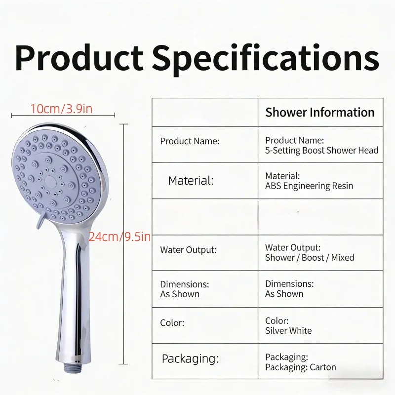 5‑Mode High Flow Handheld Shower Head Chrome Finish Powerful Boost Spray Universal 1/2