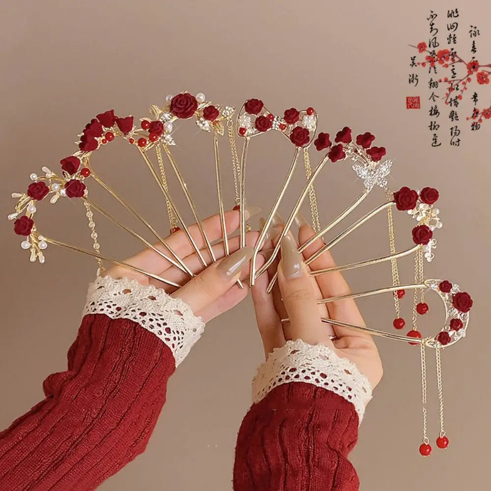 

Fashion U-shaped Hairpin Simple Pearl Rose Flower Tassels Metal Hair Pins Braids Hair Stick DIY Hairstyle Tool Hanfu Headdress