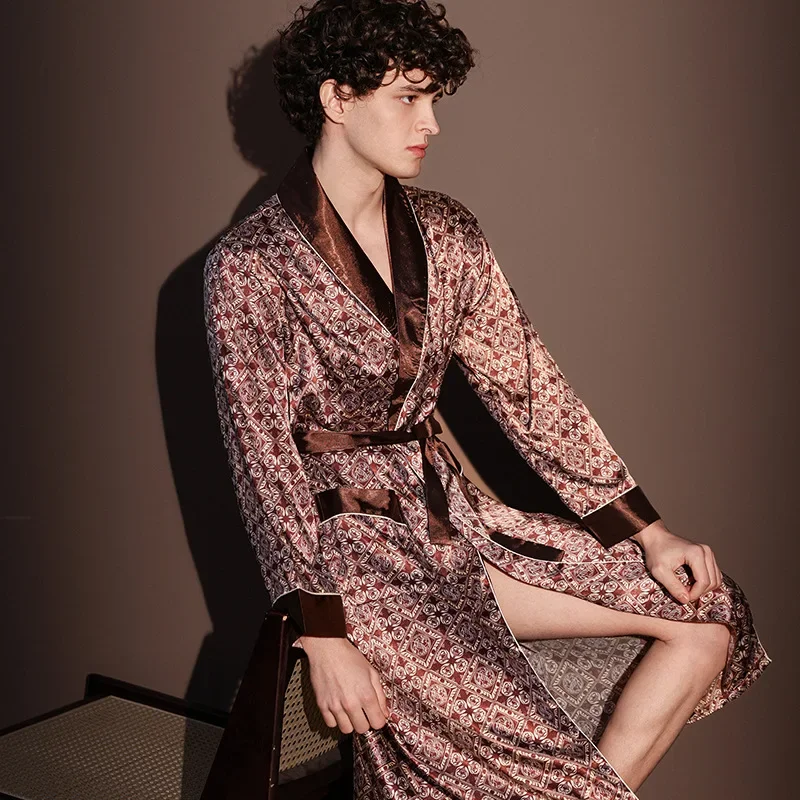 High Quality Nightrobes Men Summer Thin Bathrobe Large Size Ice Silk Printed Pajamas One-piece Robe Male Loungewear Gents Spring