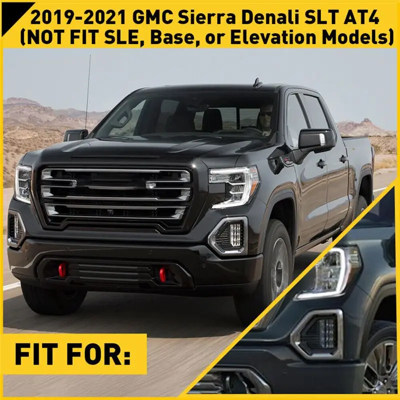 For GMC Sierra 2019-2021 Denali SLT Front Fog Light Outer Bezel Cover Chrome Set Replacement-A61E