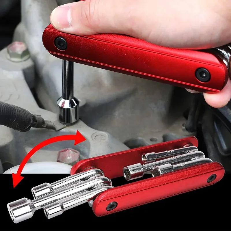 6 in 1 Folding Nut Driver Imperial/Metric Hex Nut Driver Folding Socket Wrench Steel Shank Portable Premium Handle