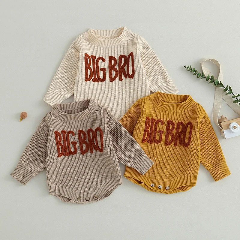 

Newest Newborn Baby Boy Sweater Romper Letter Embroidery Crew Neck Long Sleeve Fall Jumpsuit Infant Crotch Button Bodysuit 0-24M