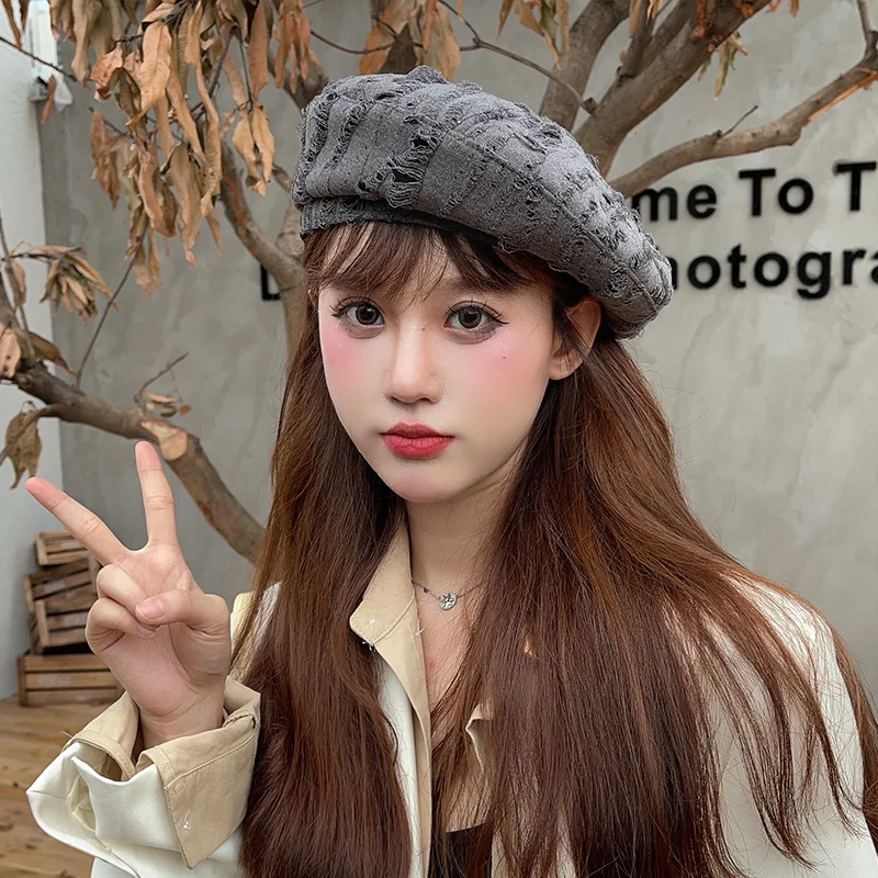 Women\'s Berets Autumn Newsboy Cap Painter Hat Hole Gray Black Color Flat Cap Vintage Women Fashion Accessories Beanies New 2024