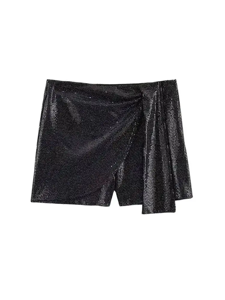 Women\'s Knotted Sequin Shorts Skirts, High Waist, Side Zipper, Female Skort,Fashion
