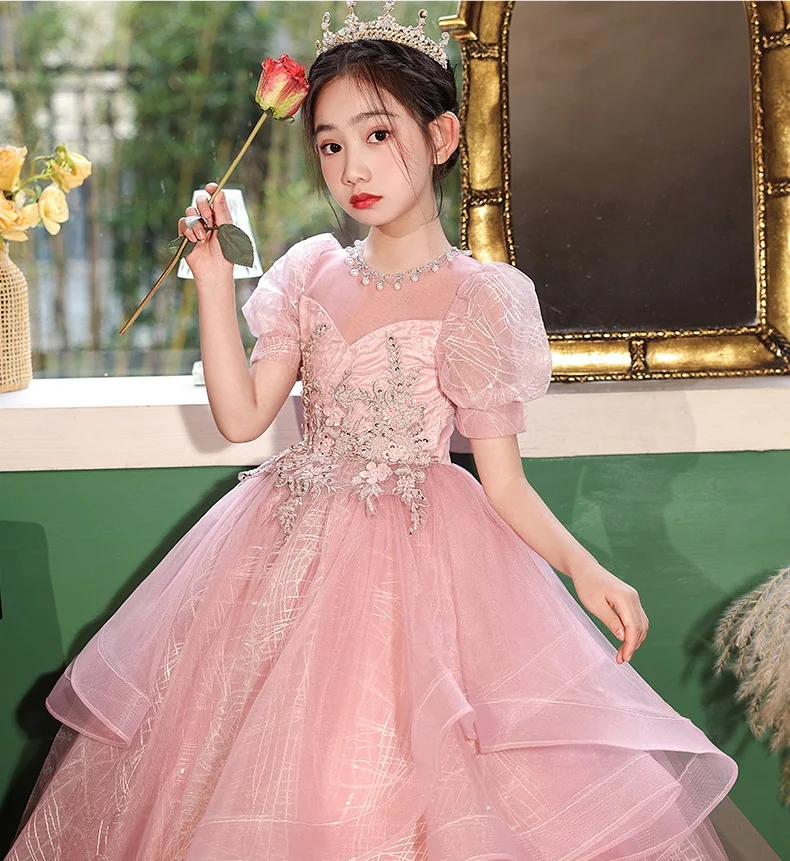 Kinder kleid rosa Blume Kinder Pailletten Perspektive sexy langes Kleid für Hochzeits ball Geburtstags feier Mädchen Brautjungfer Kleid Robe