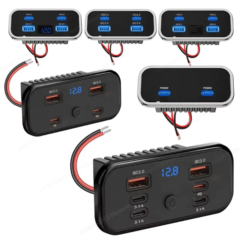 Carregador de Carro 12-24V com 2/4/6 Portas QC3.0 PD, Tomada de Carregamento Rápido, Painel de Saída de Energia com USB-C Duplo e QC3.0 para RV e Caminhão