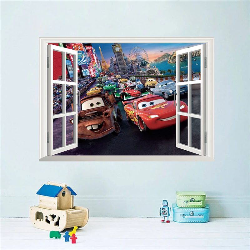 3d Macqueen Cars Broken Hole Wall Sticker For Kids Bedroom Home Decoration Cartoon Anime Mural Art Pvc Movie Poster Boys Decals