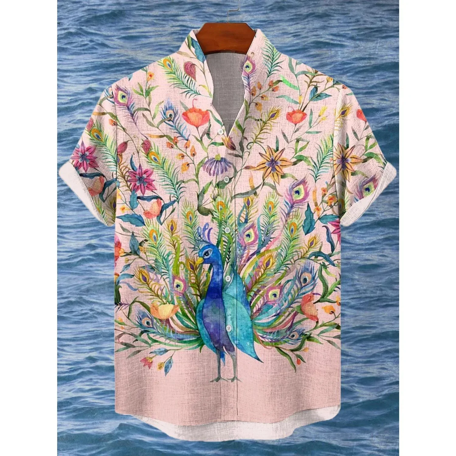 

2025 Summer Retro Tropical Flower Peacock Art 3D Printed Linen Hawaii Large Size Shirt s-5XL