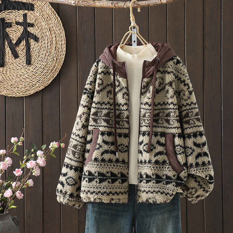 

Autumn Winter Thiened Hooded Cardigan Women's Jaet New Arrival Cozy Warm Furry Outerwear Artistic Retro Sle Zipper Closure