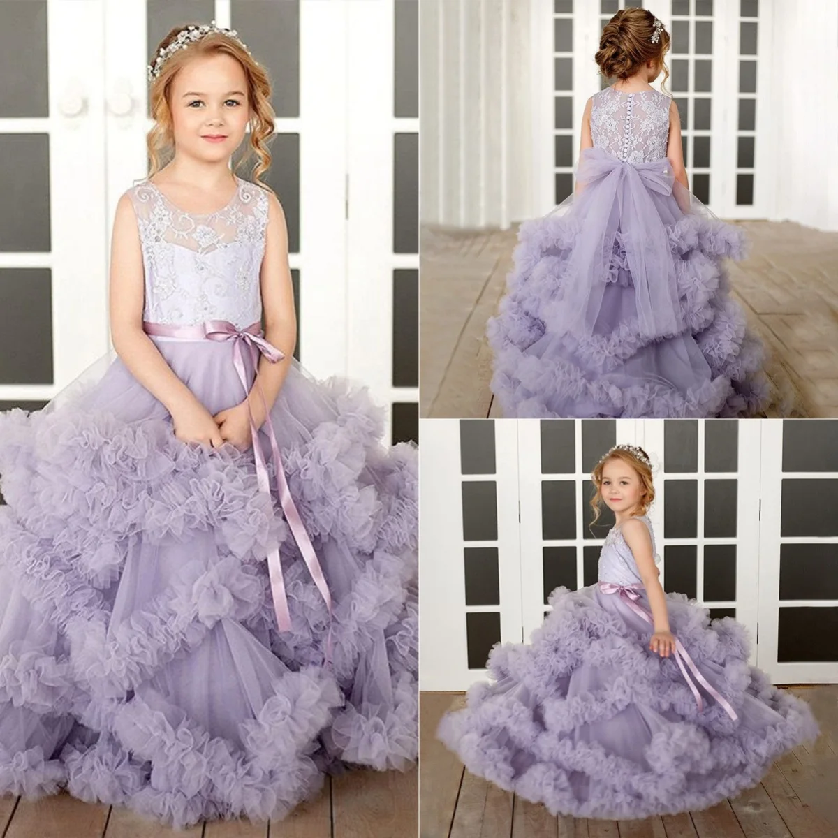 Lavender Flower Girl Dresses for Wedding Tulle Ruffles Sashes Floor Length Girl Kids Birthday Party First Holy Communion Gowns