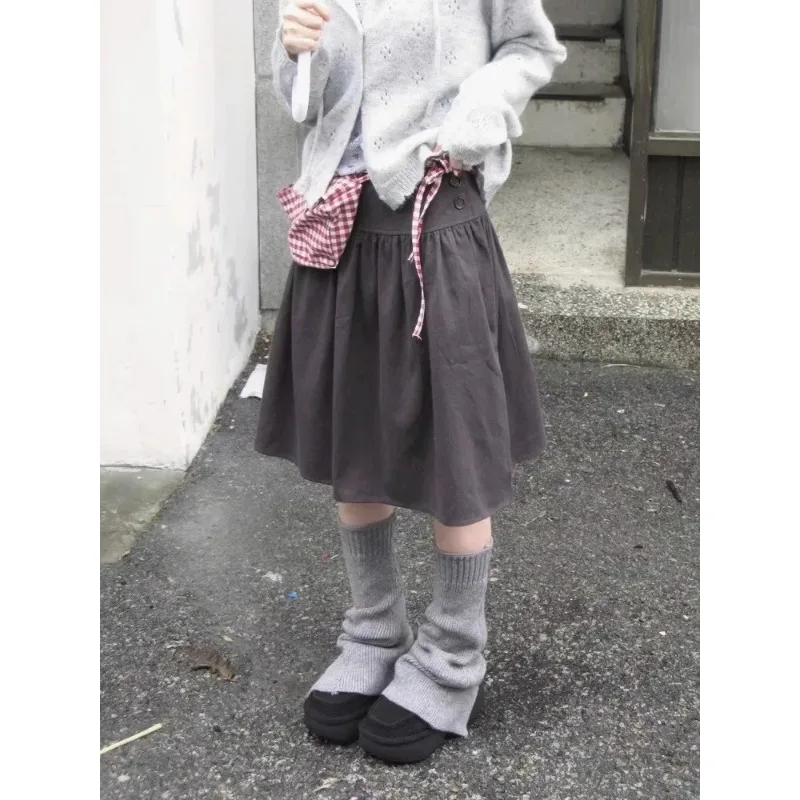 2025 American Vintage Skirt for Women Korean High Waist Loose French Elegant Solid Color Japanese Harajuku A-line Skirts