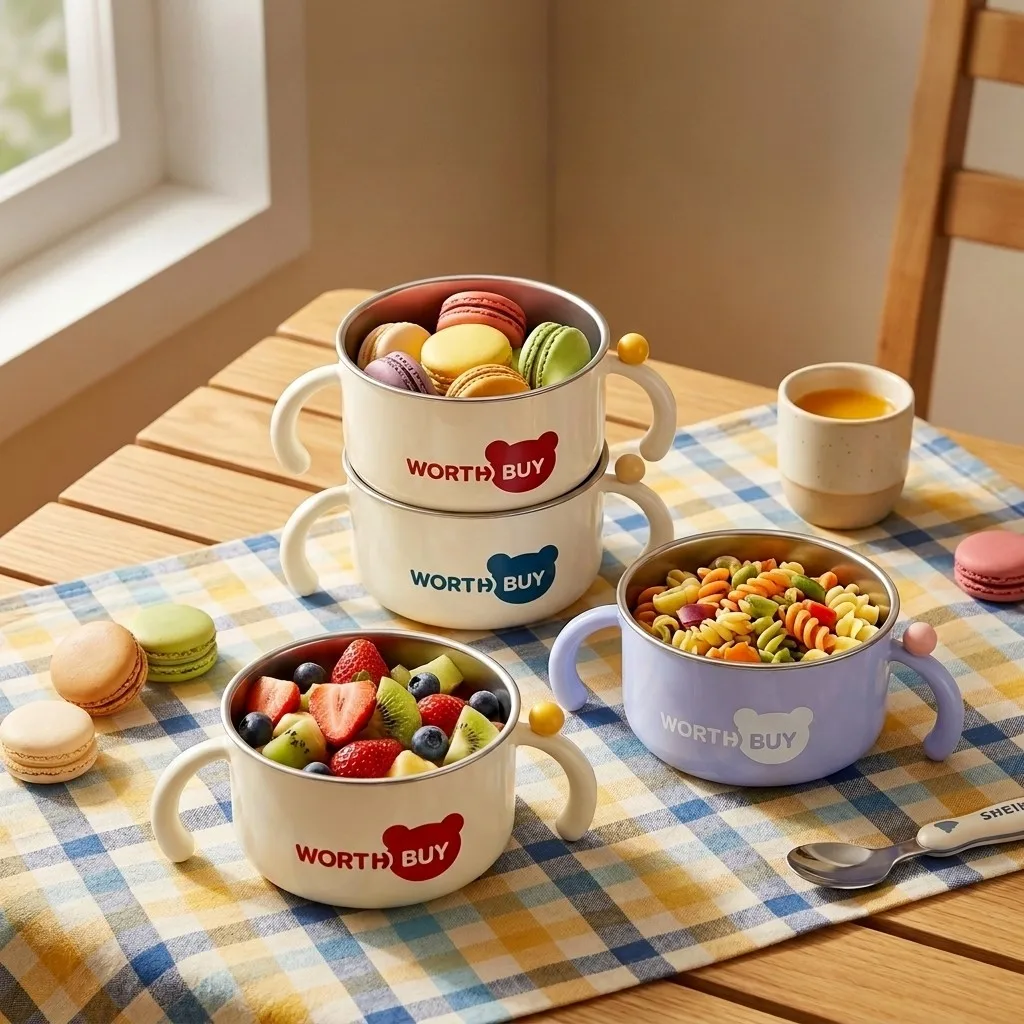 Cute 316 Stainless Steel Bowl With Handle Kid School Ramen Noodle Rice Soup Bowl Portable Anti-scald Kitchen Tableware