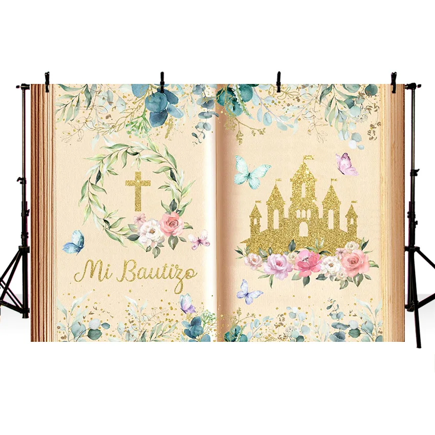 Mehofond – arrière-plan de photographie Mi Bautizo, livre de conte de fées papillon, château fleur, fête de baptême, décoration de Studio Photo