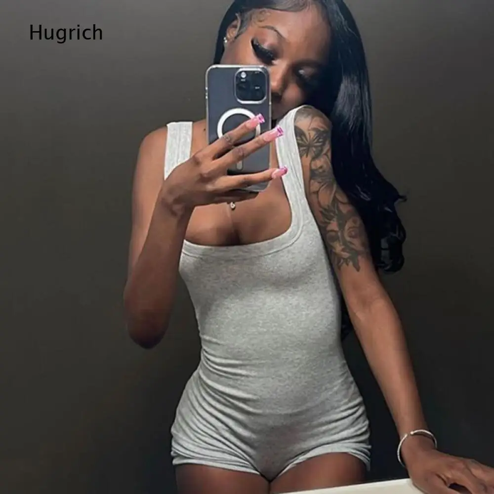 Heather Grey Ribbed Knit Sleeveless Romper Square Neck Tight Fitting Short Leg Jumpsuit Soft Loungewear Bottom All In One