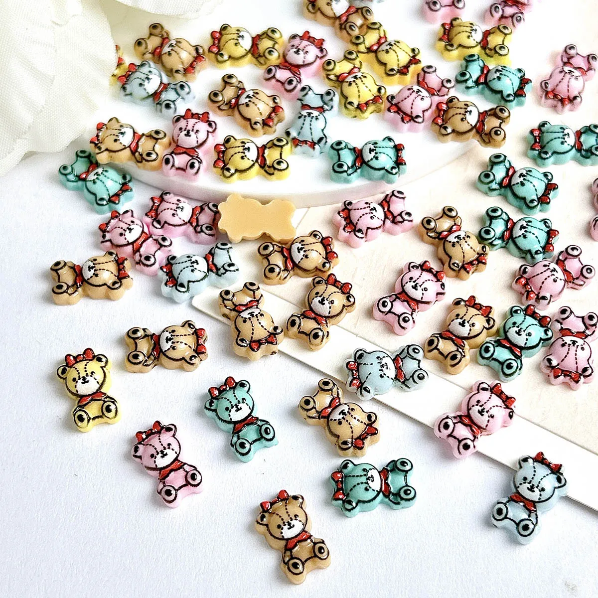 30PCS 3D Kawaii Cartoon Bears Resin Nail Art Decorations Creative Luminous Colorful Tie Bears Nail Charms for Making DIY Nails