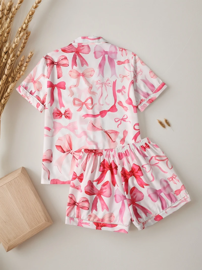 طقم بيجامة كاجوال للسيدات بطبعة زهور وأكمام قصيرة وسروال قصير مرن مريح لملابس النوم الصيفية وملابس النوم #2