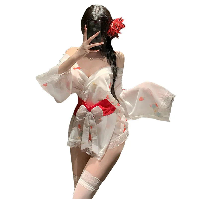 شفافة نمط الفراولة طباعة مثير كيمونو مغر الدانتيل طويلة الأكمام القوس فستان أنيق سحر ثوب النوم اليابانية البشكير #6