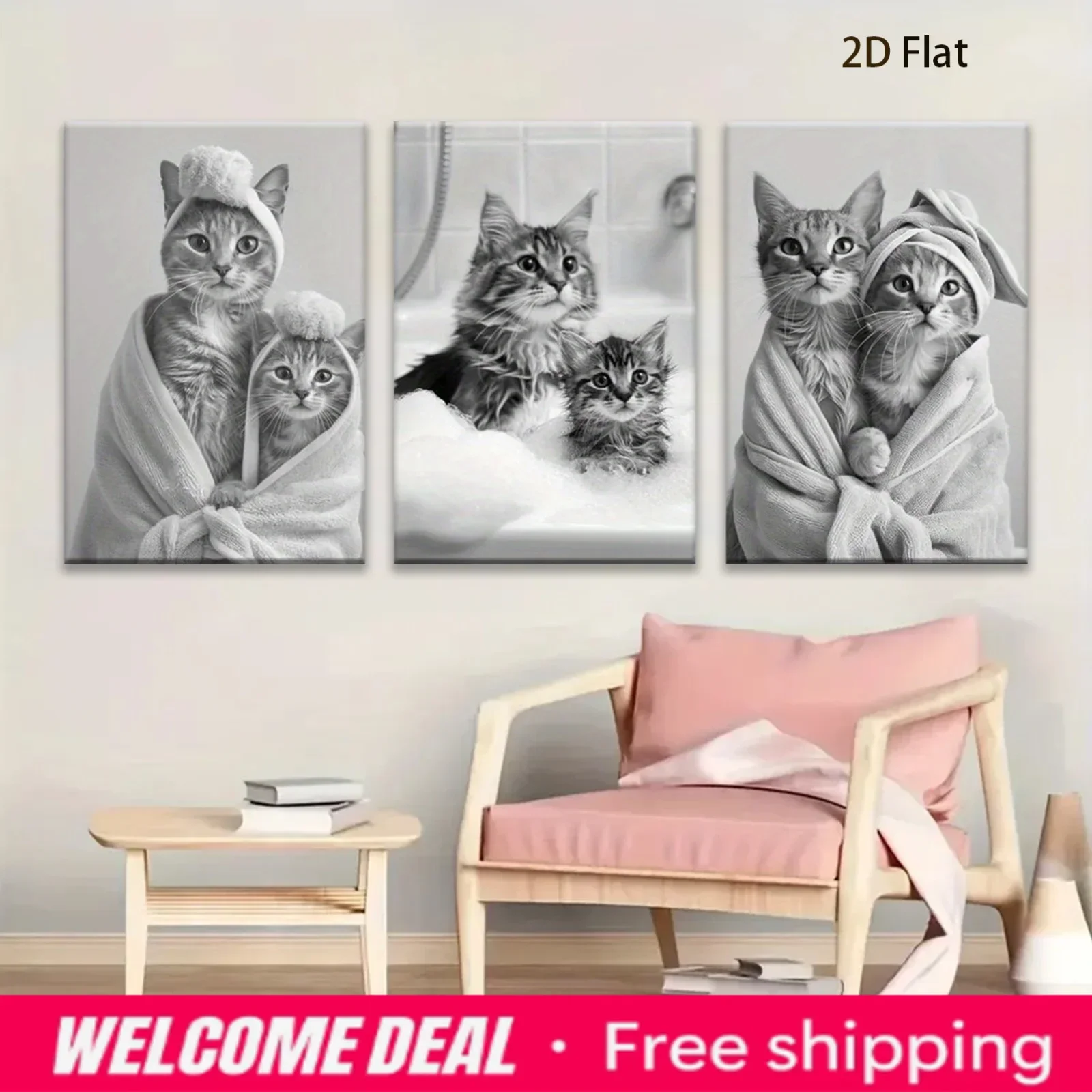 Frameless 3pcs 2D Flat Artwork Depicting a Black And White Cat in a Bathtub Scene, Ideal for Decorating Your for Home Office,