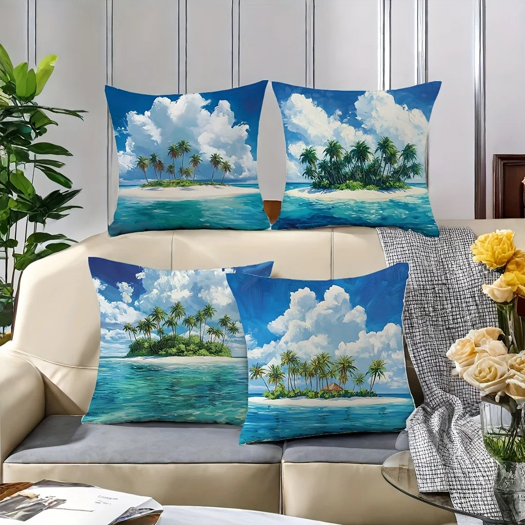 4pcs Ocean style island pattern Single-sided printing Short plush Suitable living rooms bedrooms sofas (excluding pillow cores)