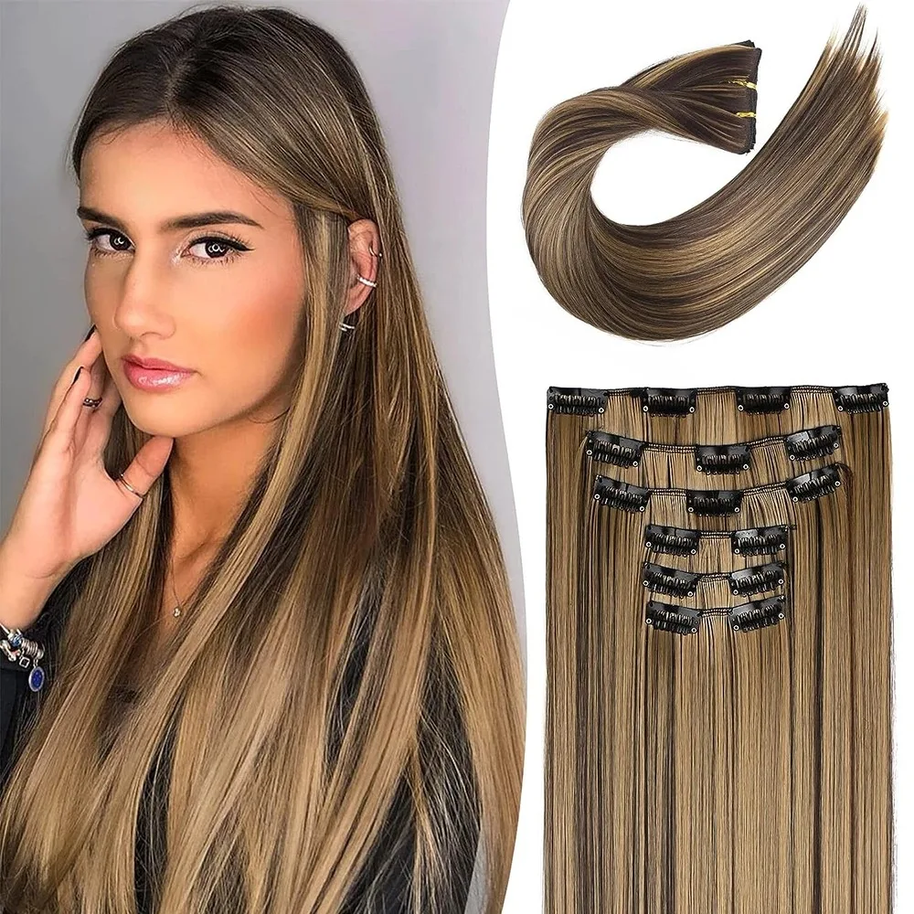 Synthetic 24Inch Hair Extension 6Pcs Long Straight Black Brown Blonde Heat-resistant Fiber Hairpiece for Women