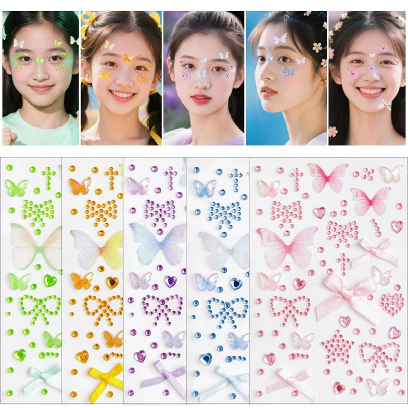 

1 шт. 3D милая наклейка для лица с бантом и бриллиантами, наклейки для украшения макияжа, с подложкой, клейкая бесследная наклейка
