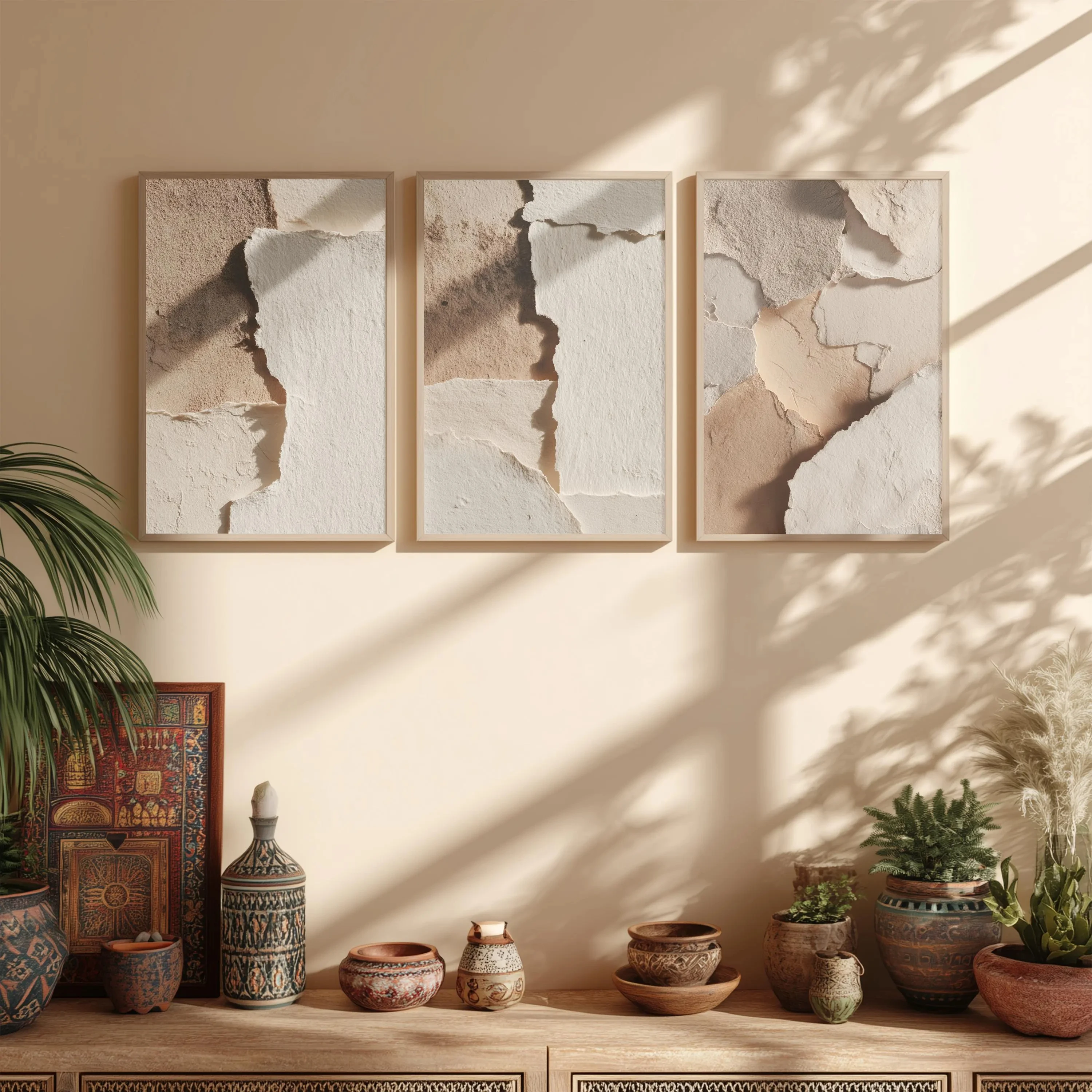 3pcs frameless Canvas Painting 3Pcs Wabi Sabi Crack Plaster Wall Art, Neutral Beige Torn Texture Abstract Prints, Japandi Minima