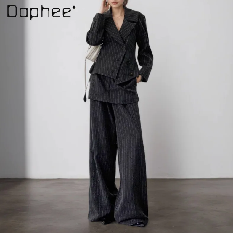 

Korean High-end Commuter Style Striped Suit Women Cross-neck Single-breasted Slim Blazer Fake Two-piece Trousers Two-piece Set