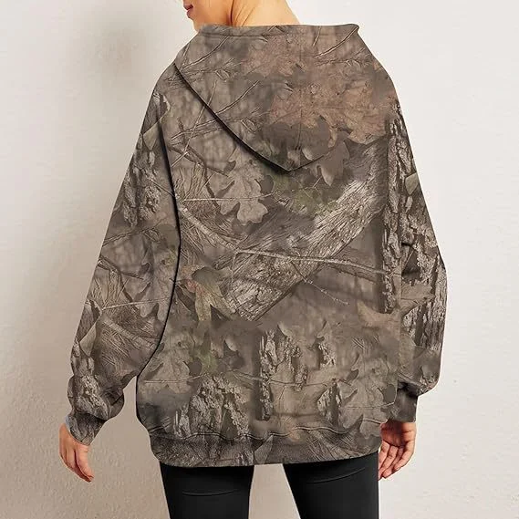 New Autumn winter women fleece hoodie fashion 3D camouflage leaf print loose pullover hoodie sweatshirt