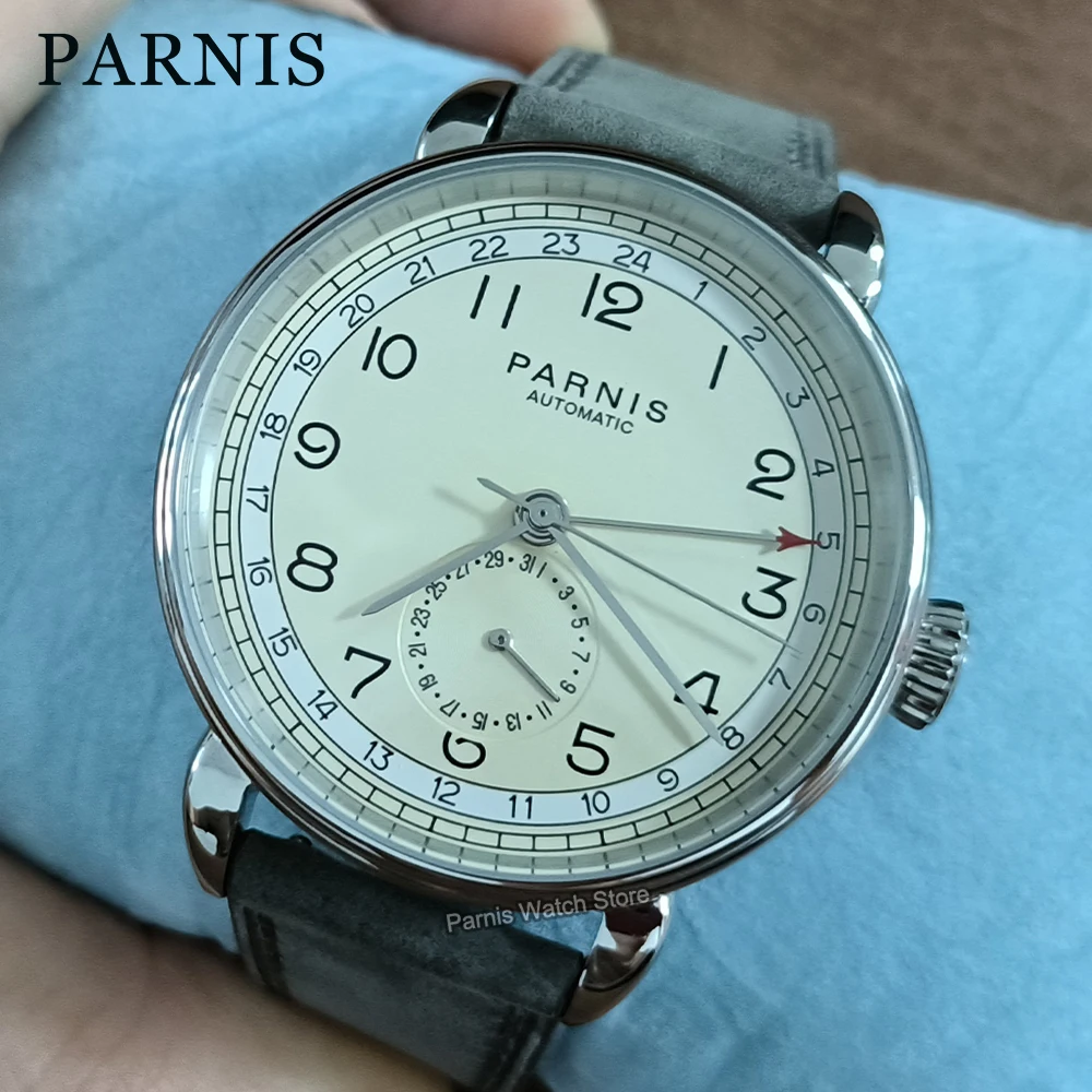 Parnis 42mm GMT Silver Case Beige Color Dial Date Window Leather Strap Mens Automatic Mechanical Watch