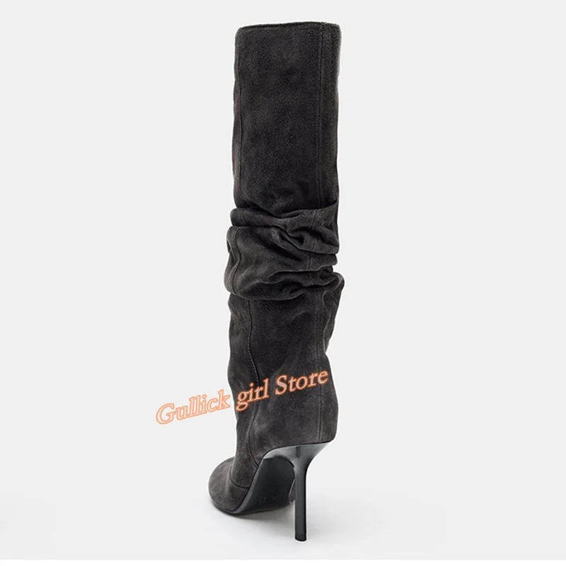 Suede Slouchy Knee High Boots Round Toe Stiletto Thin High Heel Slip On Runway 2026 Winter Autumn Women Fashion Dress Shoes view 3