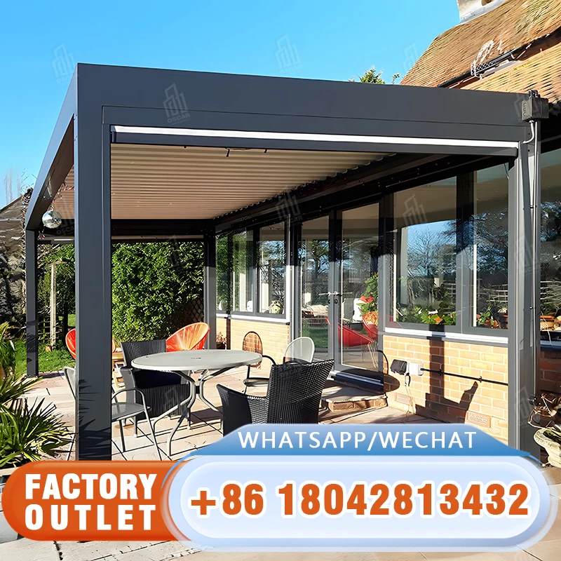 OEM Custom Modern Bioclimatic Aluminum Shutters Luxury Powder Coated Retractable Terrace PVC Gazebo LED Garden Pergola Roof