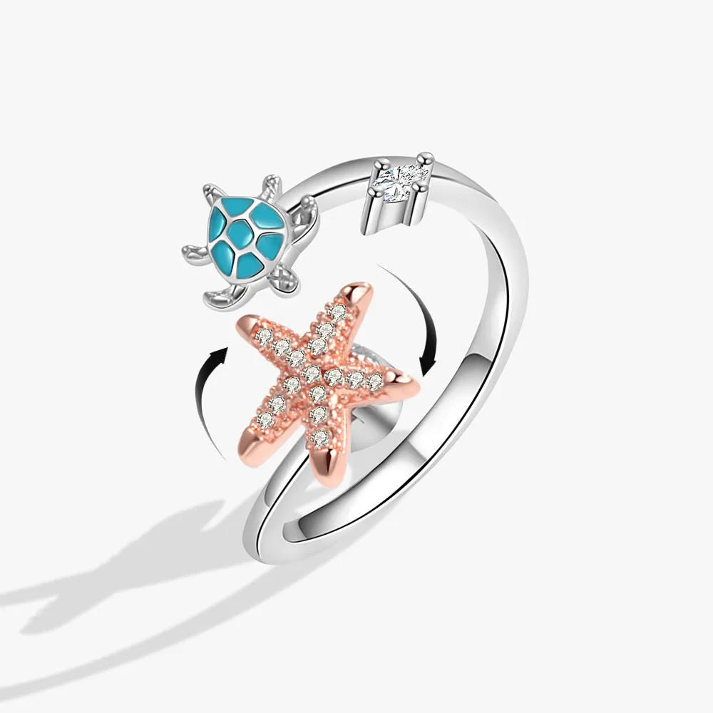 Enamel Turtle And Starfish Crystal Anxiety Relief Spinning Ring For Girl Rotating Anti Stress Fidget Ring Finger Bague Femme