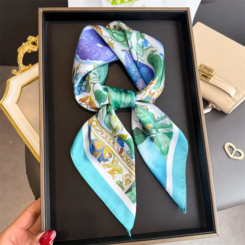 Freshness Print 70cm Square Scarf Women Soft Satin Kerchief Thin Neck Scarf Fashion Sunscreen Headscarf For Women Bag Ribbon