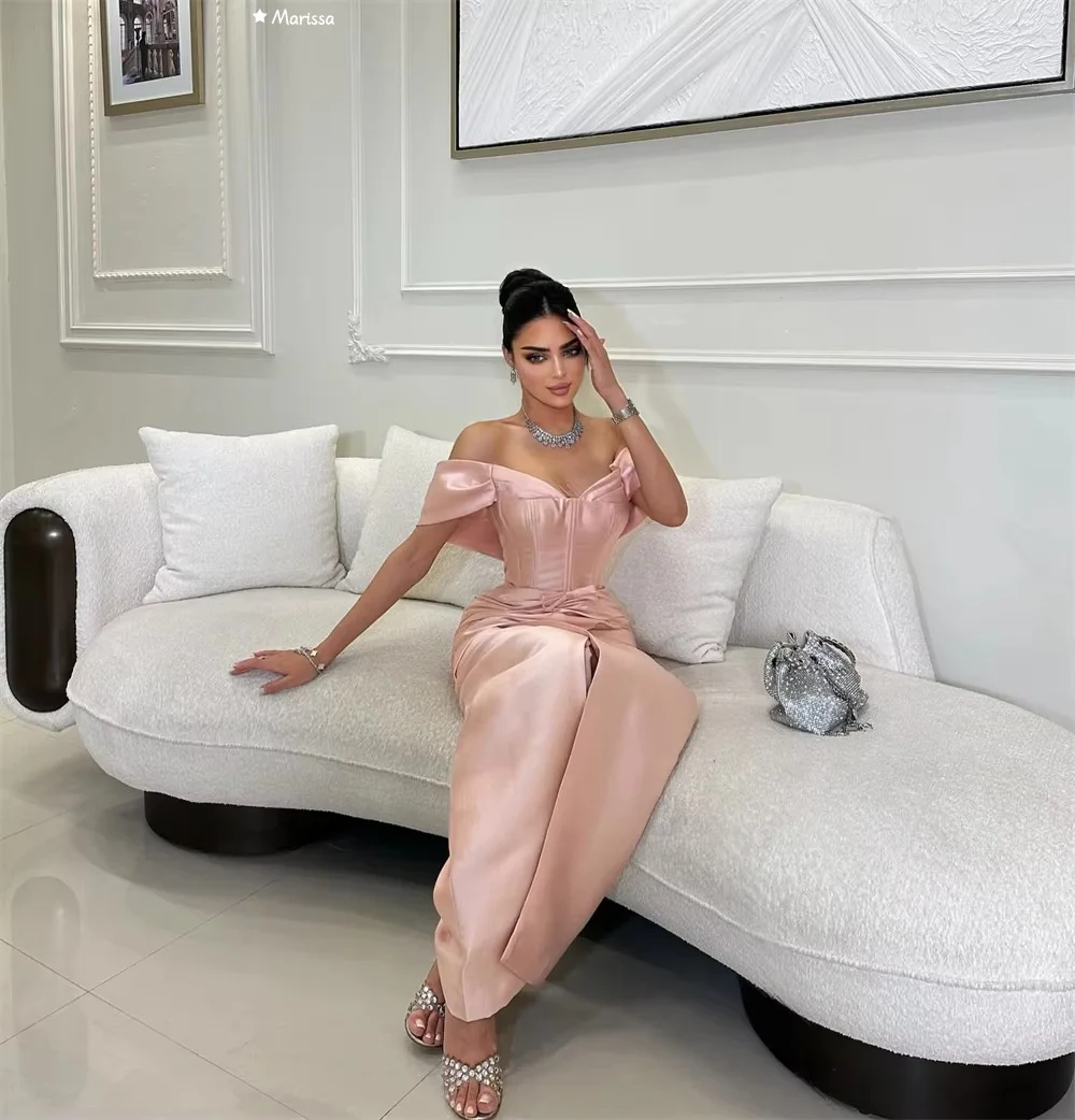 Marissa gloss cetim vestidos de noite d/festa personalizado rosa cruz cauda de peixe elegante vestido longo com decote em v mangas curtas vestidos de baile