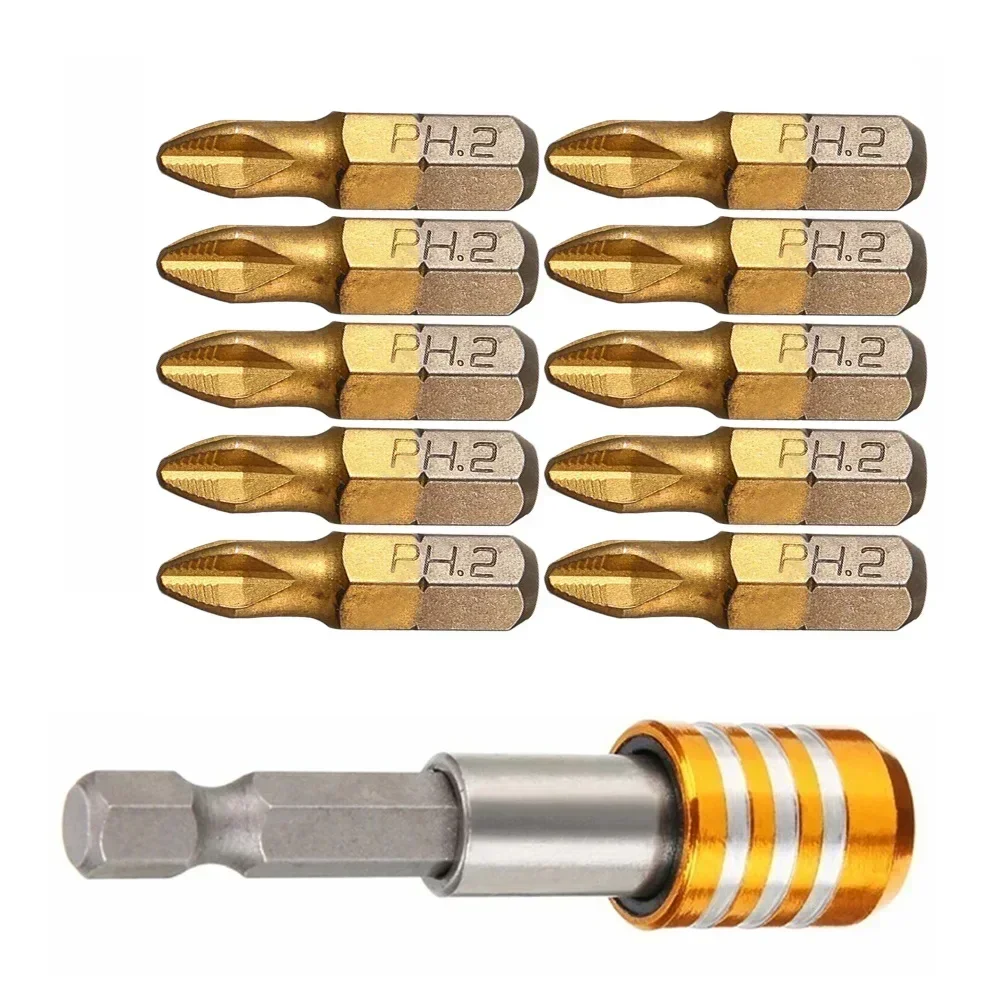 11pcs Screwdriver Bits Extension Bar 25mm 1/4\'\' Shank Titanium Coated Anti Slip PH2 With Adapter For Electric Driver Drill Tools