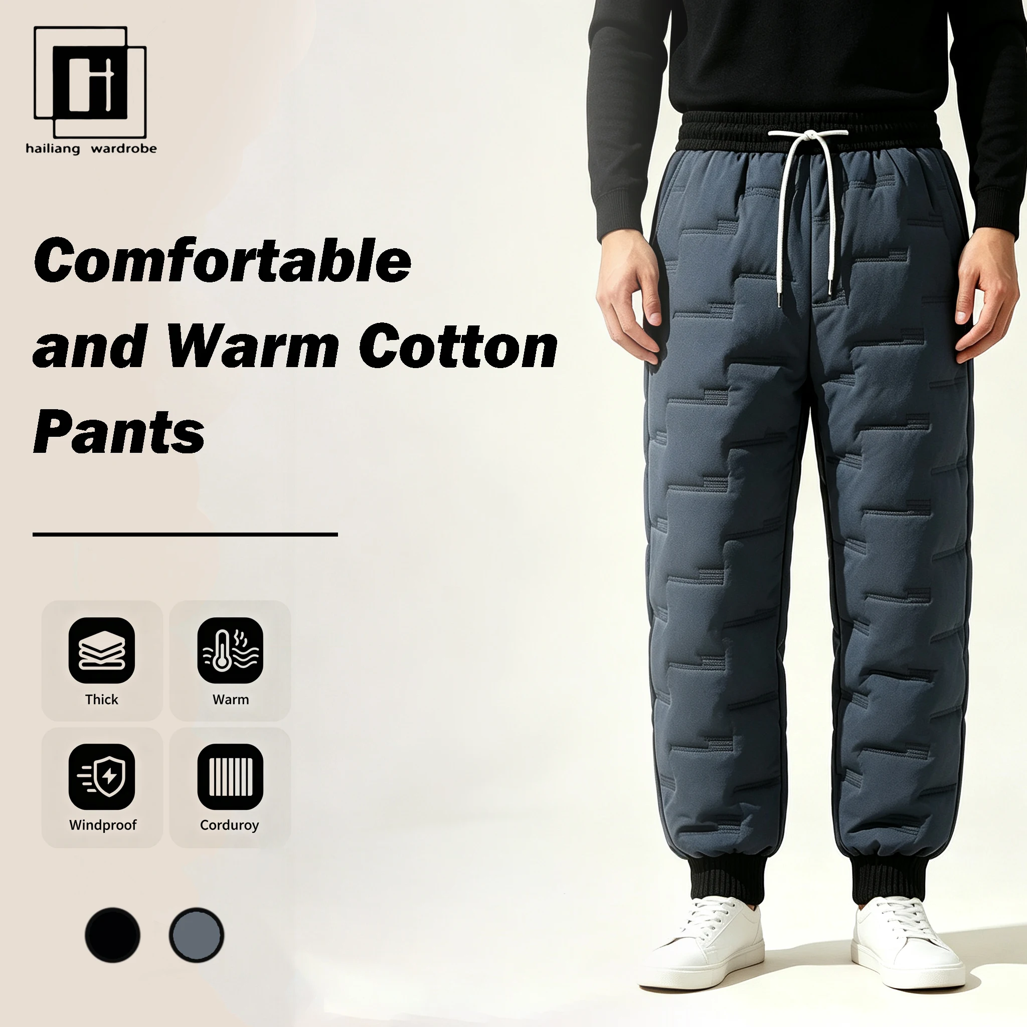 Men Winter Quilted Padded Pants, Elastic Waist Drawstring Warm Jogger Trousers